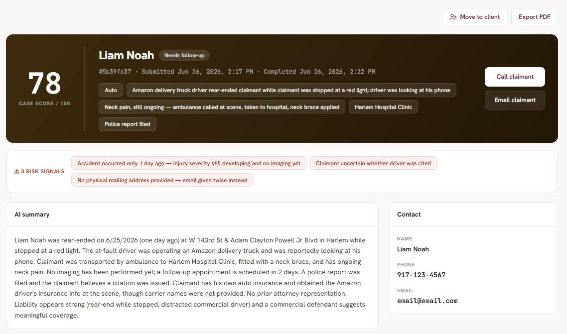Case summary: injury details, contact information, and a case score with qualification state