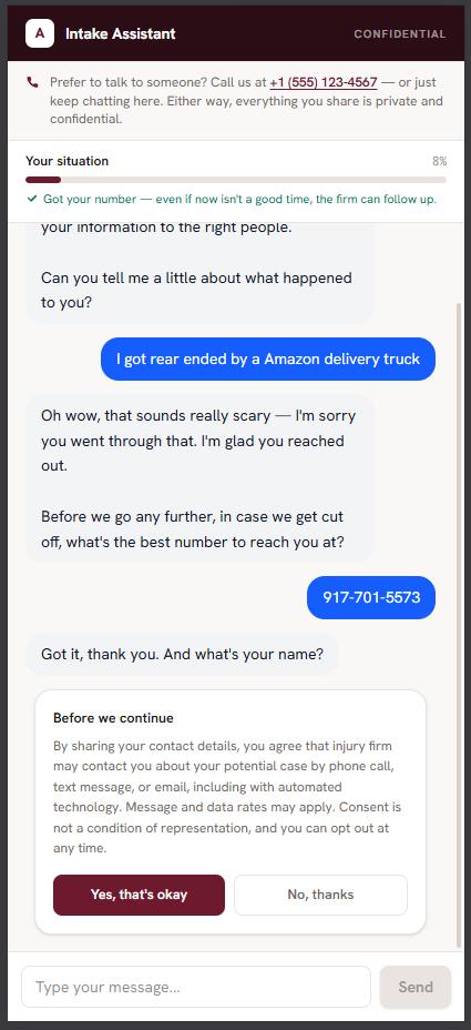 The AI intake chat widget with a privacy-consent gate
