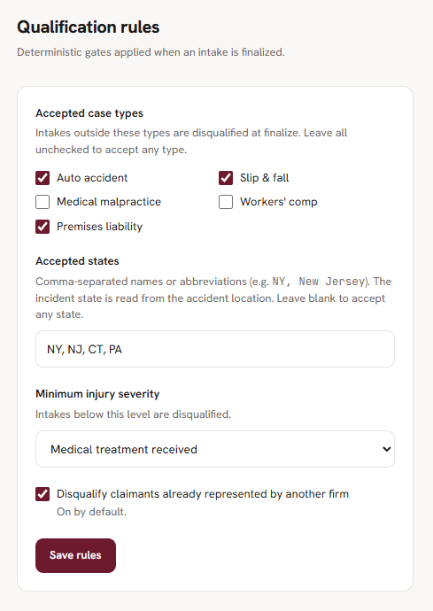Qualification rules configured in settings