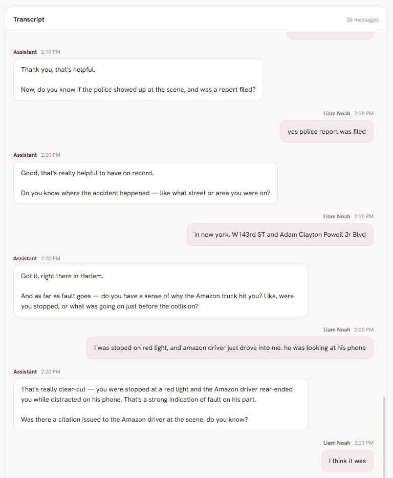 Full transcript of an intake conversation